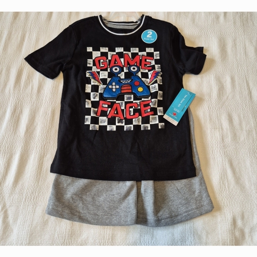 Garanimals 365 kids boys size 10 game face logo shirt, gray short set NWT